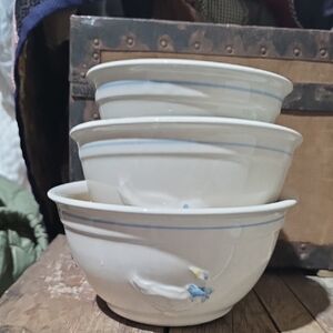 Stack of 3 White Ceramic Bowls with Light Blue Trim